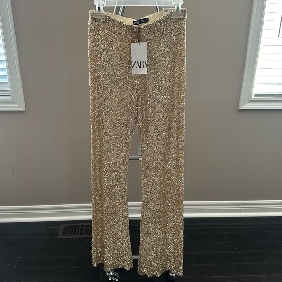 ZARA NWT LIMITED EDITION FLARED SEQUINNED LEGGINGS PANT GOLDEN 3028/020 MEDIUM - Picture 4 of 7